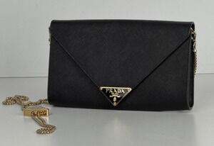 Prada Triangle Logo Plaque Envelope Chain Bag in Black Saffiano Leather NFC S11